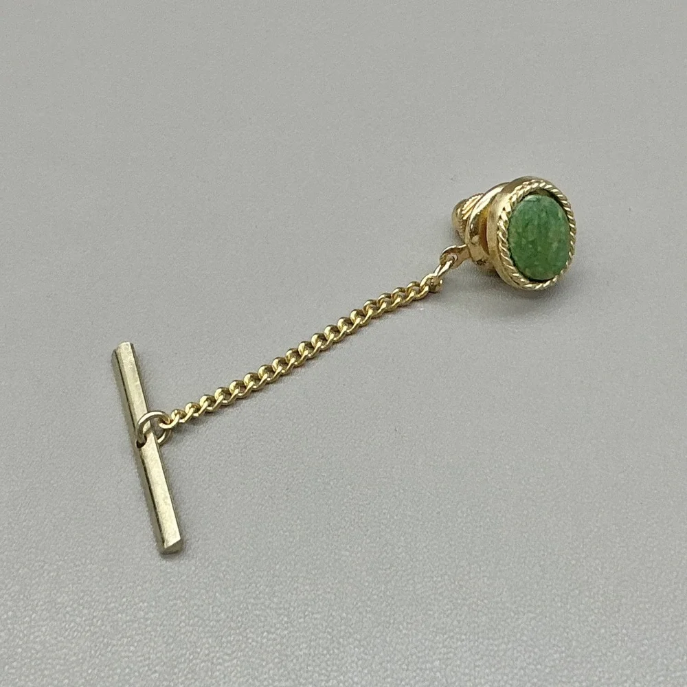 Vintage Jade Tie Tack Gold Tone Green Stone Men's Lapel Pin Chain Clutch Back